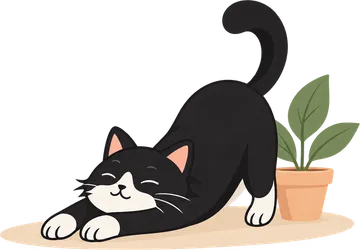 A relaxed cat stretching next to a plant